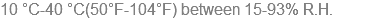 10 °C-40 °C(50°F-104°F) between 15-93% R.H.